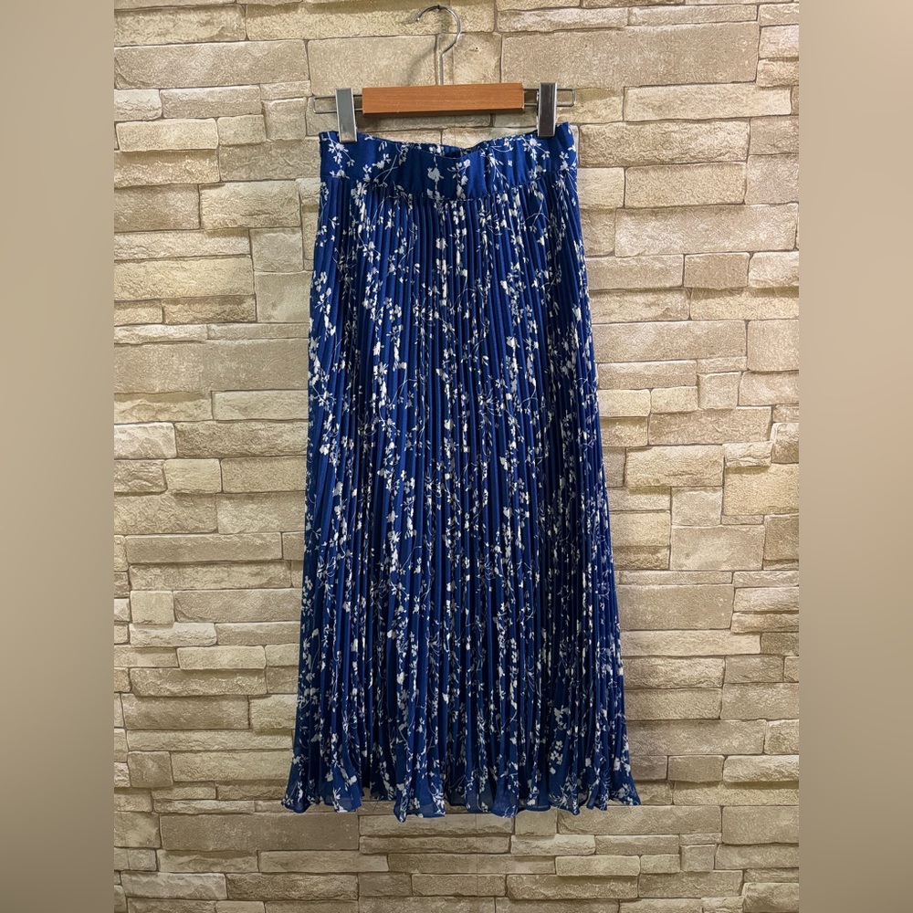 ba&sh SENA Pleated Floral Midi Skirt Blue White Botanical Print Size 0